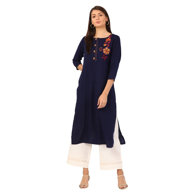 Women Embroidered Rayon Straight Kurta  (Dark Blue)