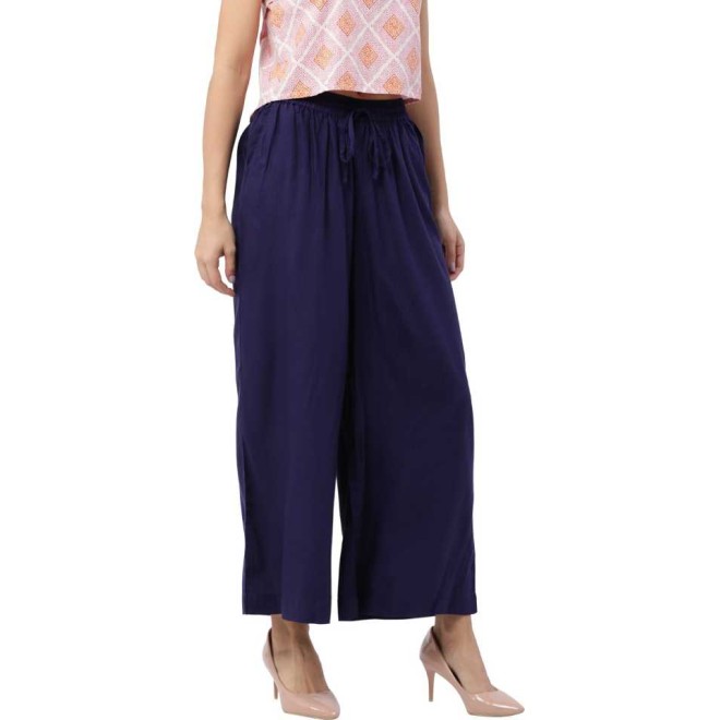 Relaxed Women Dark Blue Rayon Trousers