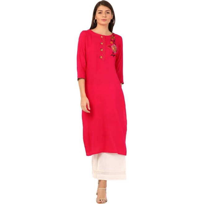 Women Solid Rayon Straight Kurta  (Red)