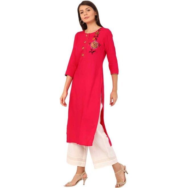 Women Solid Rayon Straight Kurta  (Red)