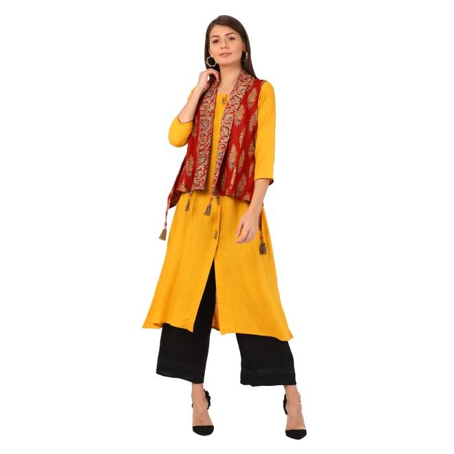 Women Solid Rayon A-line Kurta  (Yellow)