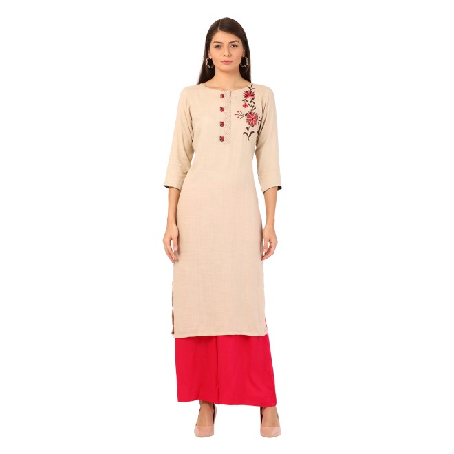 Women Embroidered Rayon Straight Kurta  (Beige)