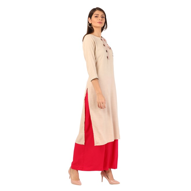 Women Embroidered Rayon Straight Kurta  (Beige)