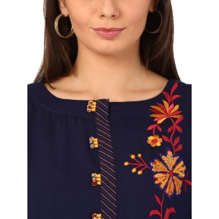 Women Embroidered Rayon Straight Kurta  (Dark Blue)