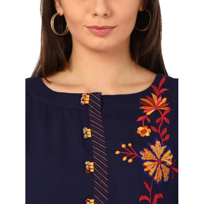 Women Embroidered Rayon Straight Kurta  (Dark Blue)