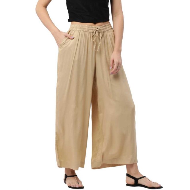 Relaxed Women Beige Rayon Trousers