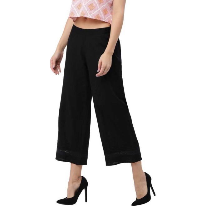 Relaxed Women Black Lace Cotton Trousers