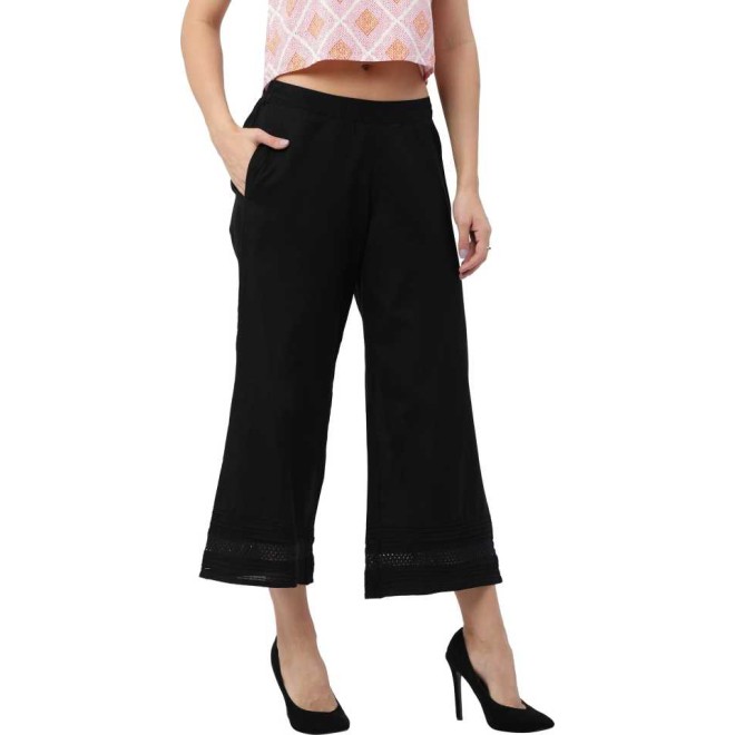 Relaxed Women Black Lace Cotton Trousers