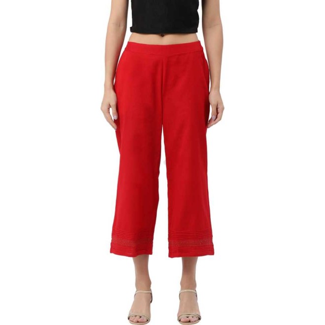 Relaxed Women Red Lace Cotton Trousers