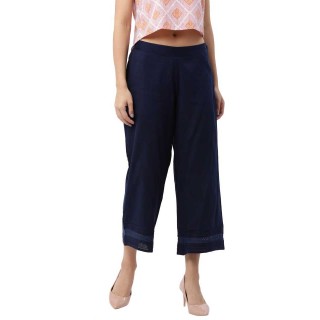 Relaxed Women Dark Blue Lace Cotton Trousers