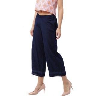 Relaxed Women Dark Blue Lace Cotton Trousers