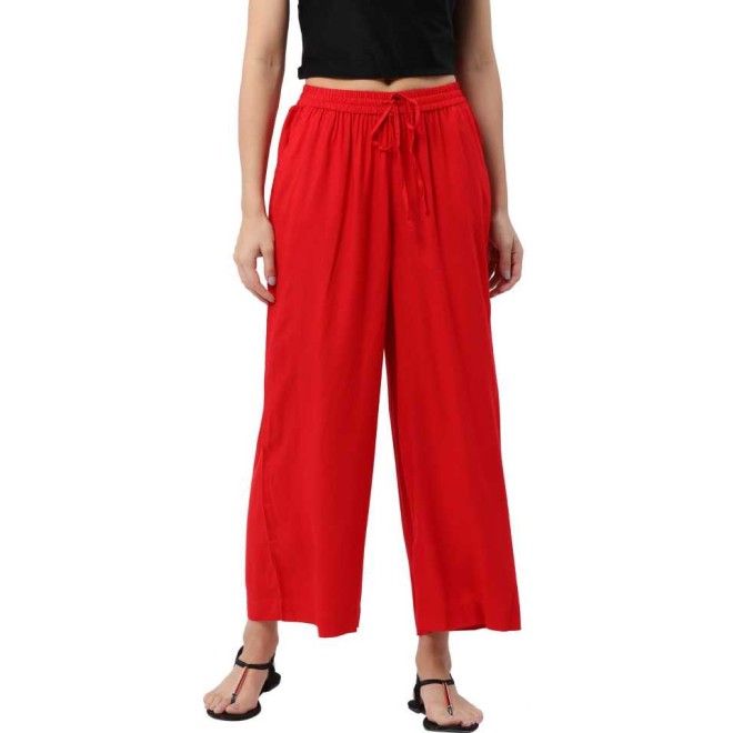 Relaxed Women Red Rayon Trousers